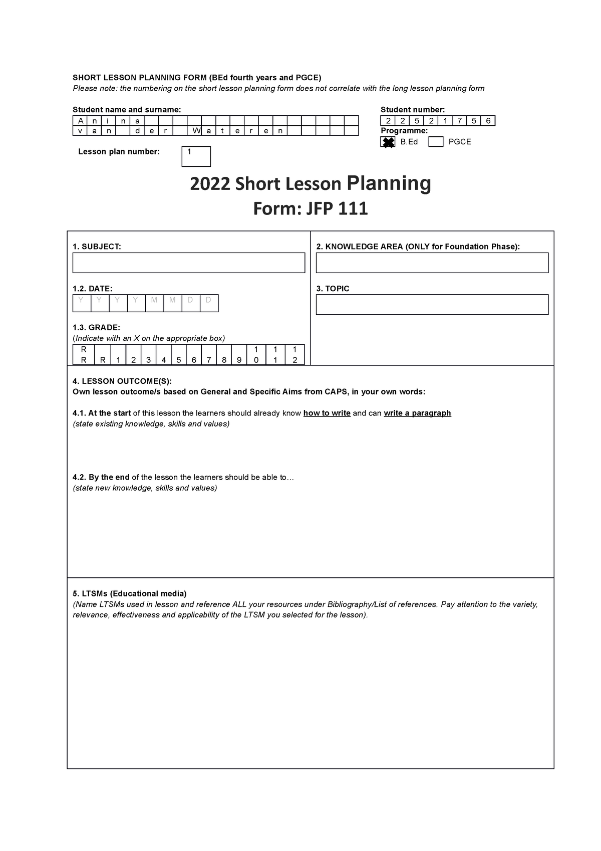 2022-tuks-short-lesson-plan-clean-short-lesson-planning-form-bed