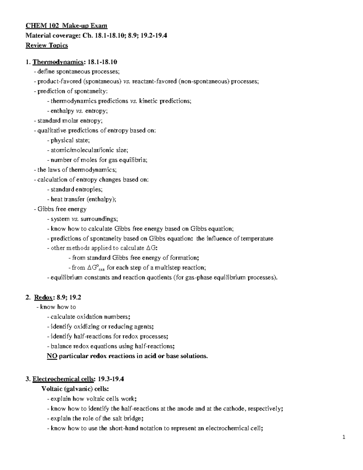 Review Topics Chem 102 Winter 2022 Make Up Exam 1 Chem 102 Make Up