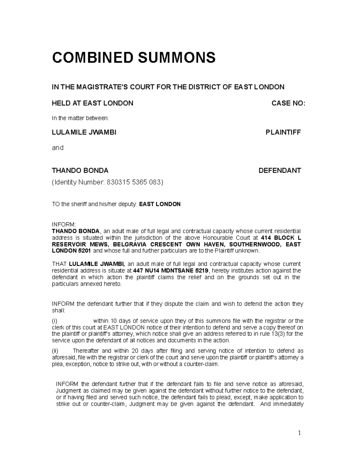 Sample Particulars Of Claim And Summons COMBINED SUMMONS IN THE