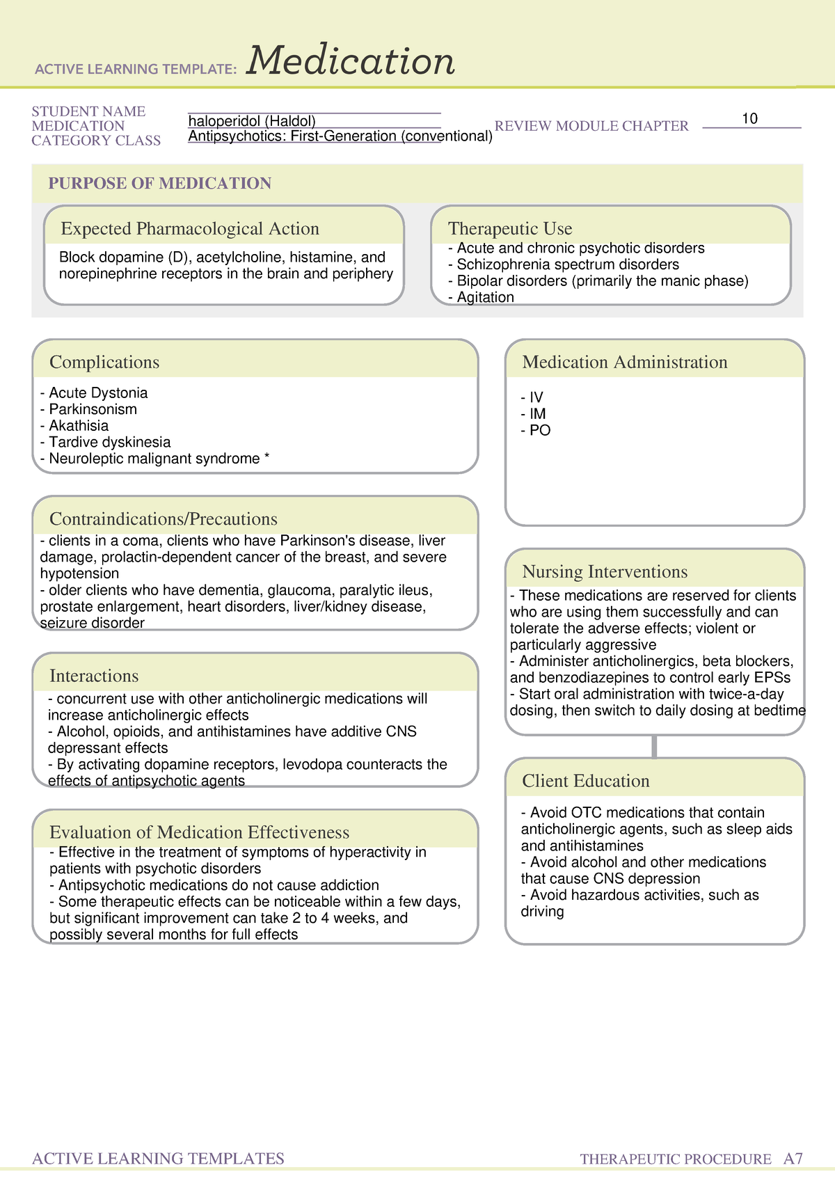 Haloperidol Medication Template ATI GCBS 6201 STUDENT NAMEMEDICATIONCATEGORY CLASS PURPOSE