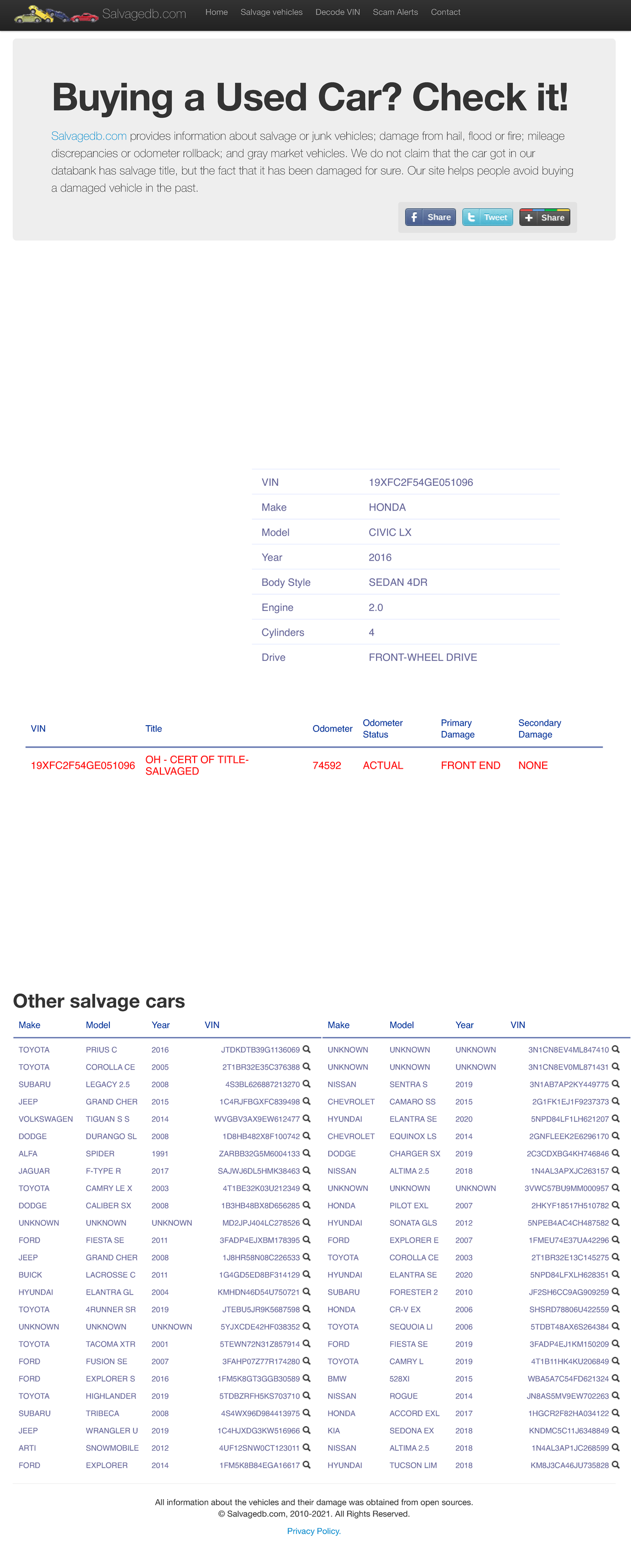 Vehicle salvage history VIN number - 19XFC2F54GE051096 - Buying a Used