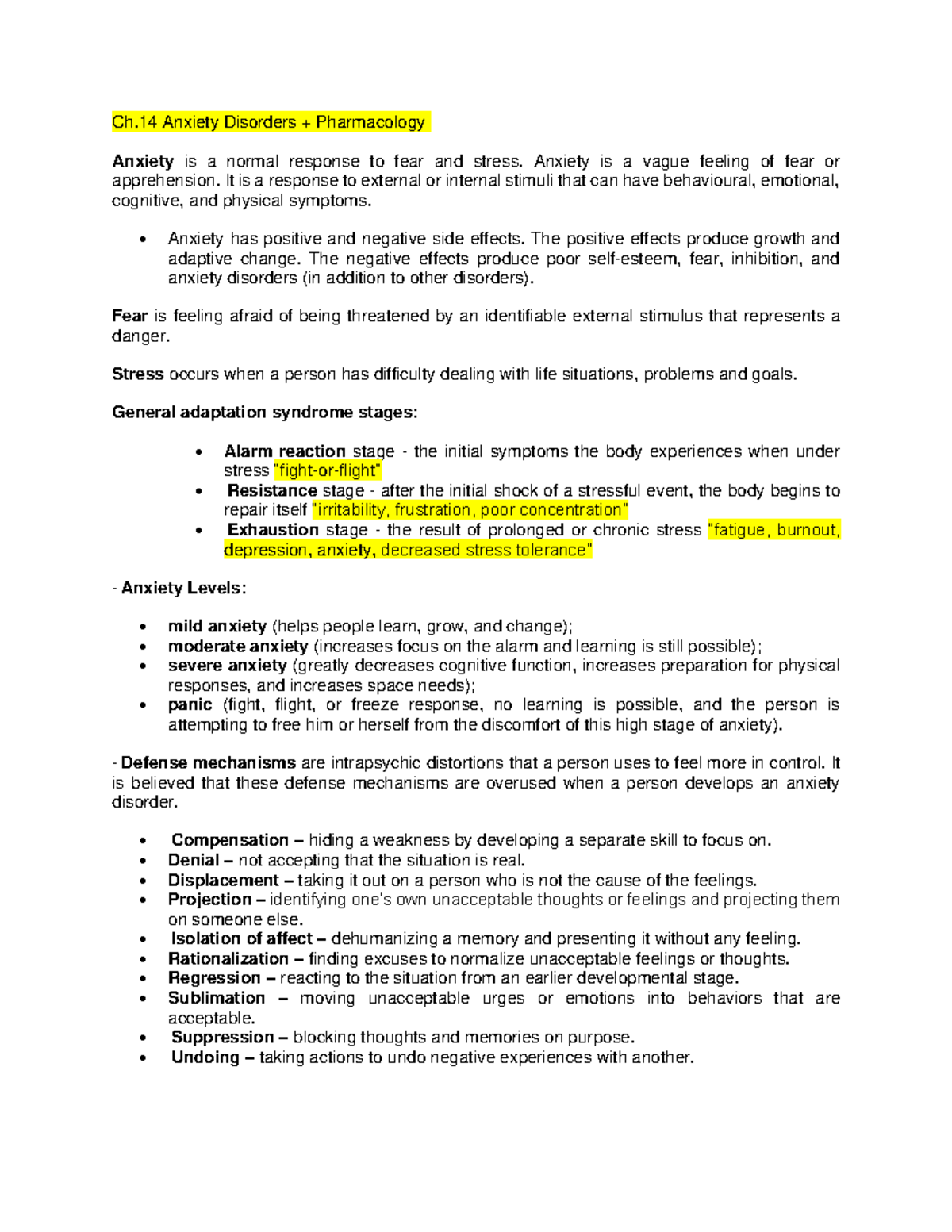 Ch. 14 and 15 - Exam Review - Ch Anxiety Disorders + Pharmacology ...