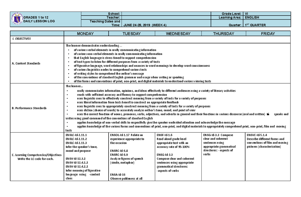 DLL English 6 Q1 W4 - DLL - GRADES 1 to 12 DAILY LESSON LOG School ...