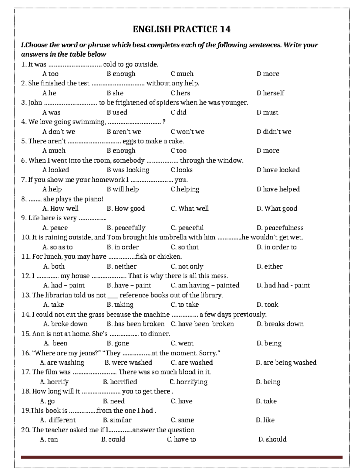 đề 14 - ,,,, - ENGLISH PRACTICE 14 I the word or phrase which best ...