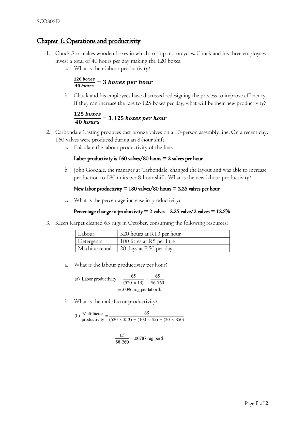 Chapter 1 Productivity Calculations Solutions - SCO305D Page 1 Of 2 ...