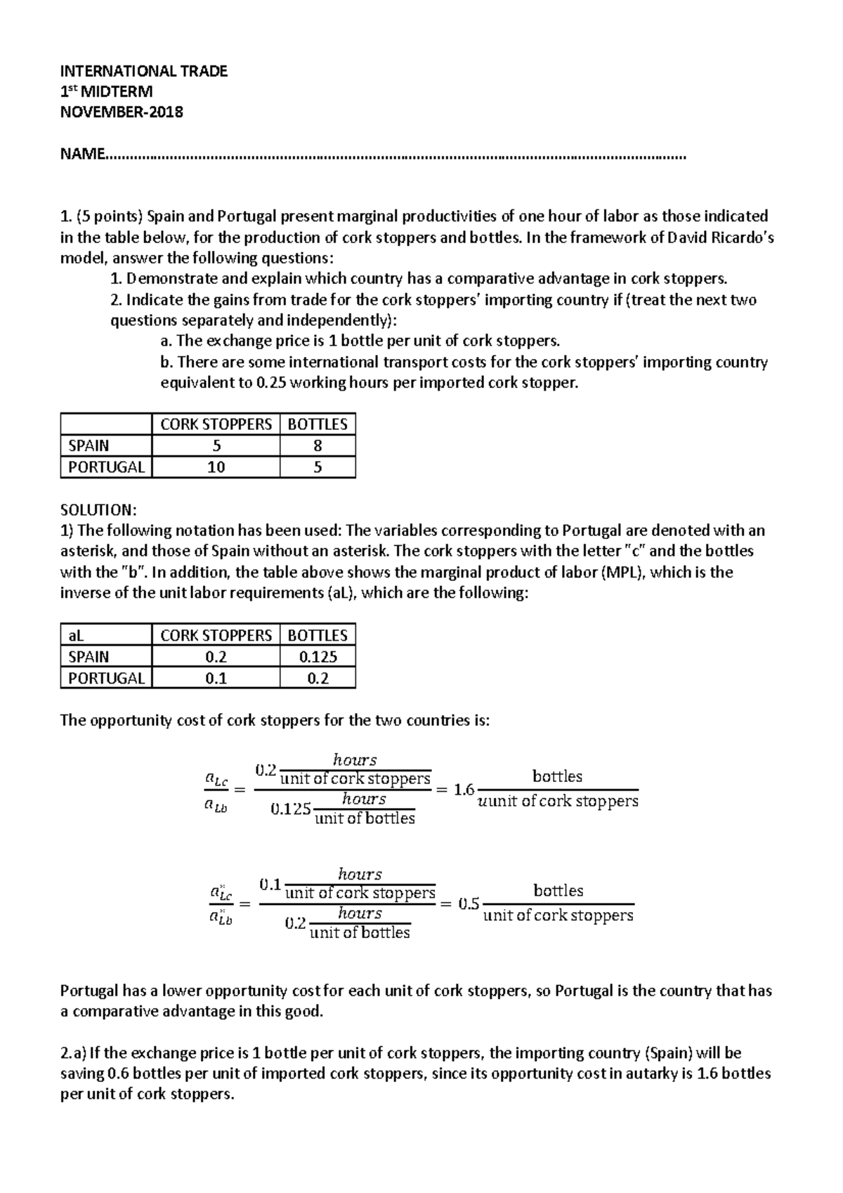 Exercises midterm part 1 Nov2018 - INTERNATIONAL TRADE 1 st MIDTERM ...