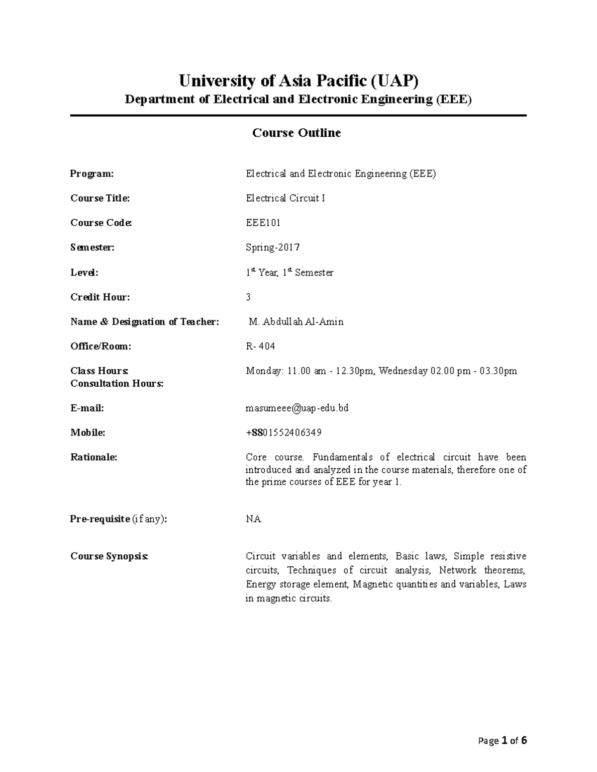 Course Outline EEE 101 IQAC Proposed - University of Asia Pacific (UAP ...