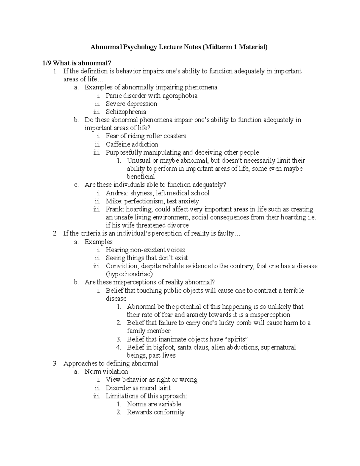 Abnormal Psychology Part 1 Lecture Notes (Midterm 1 Material) - If The ...