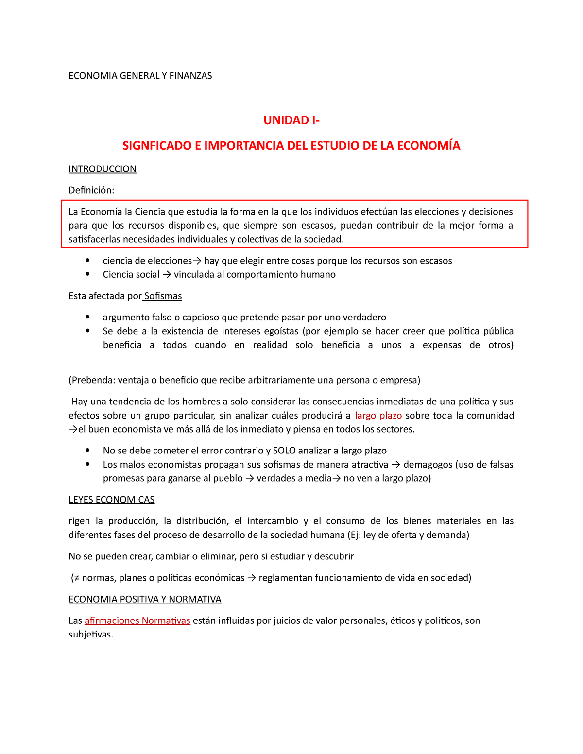 Resumen Economía Primer Parcial - ECONOMIA GENERAL Y FINANZAS UNIDAD I ...