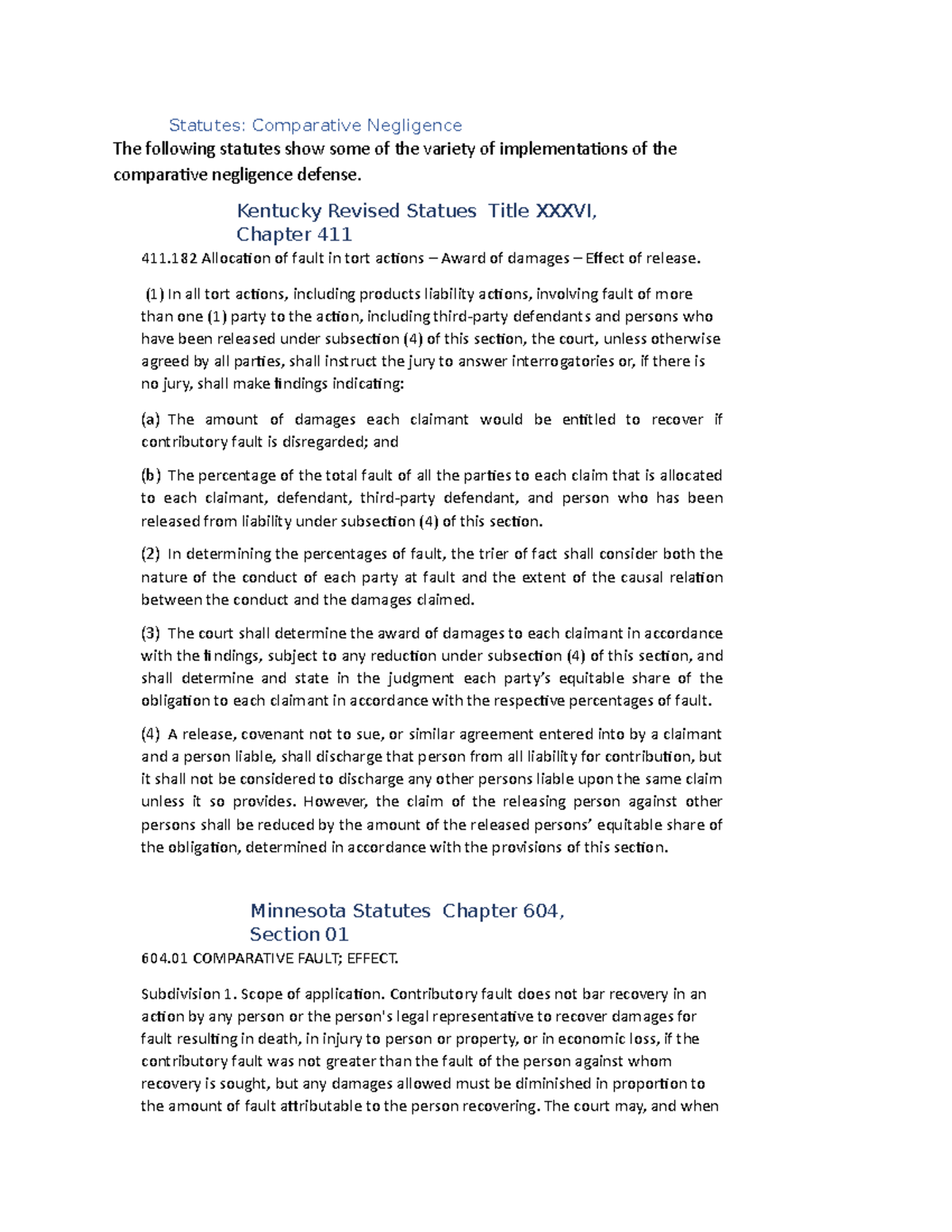 Tort law m74 Tort law Statutes Comparative Negligence The