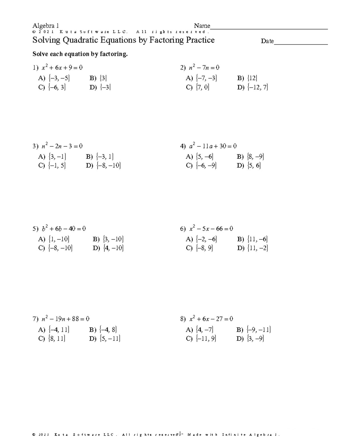 Solving Quadratic Equations by Factoring Practice - ©J I 20200 l 200 r 20200 Inside Factoring Worksheet Algebra 1