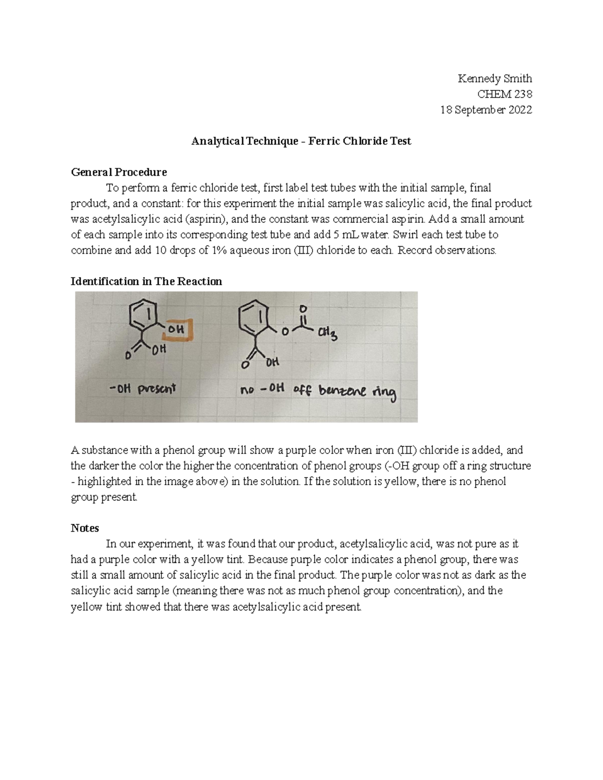 ELN Analytical Technique (Ferric Chloride Test) Kennedy Smith
