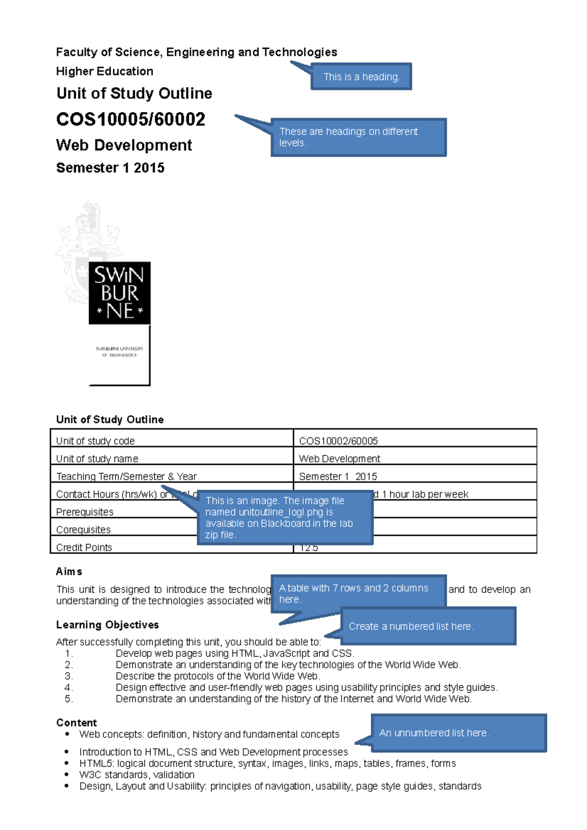 Unitoutline - practice - Faculty of Science, Engineering and ...