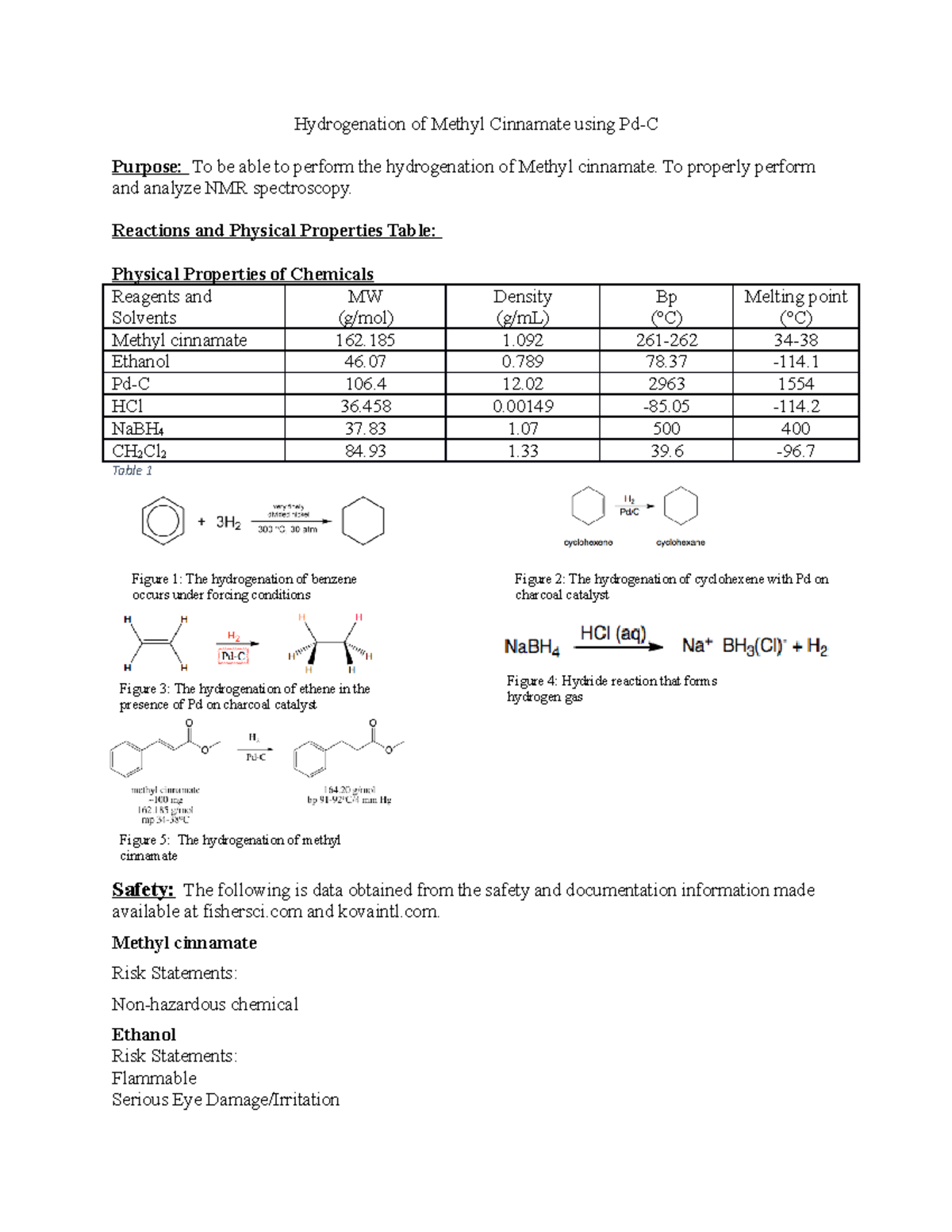 3106-313 Exp 1 lab report - Hydrogenation of Methyl Cinnamate using Pd ...