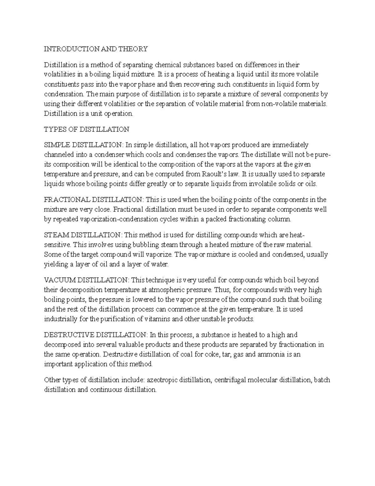 Distillation laboratory report INTRODUCTION AND THEORY Distillation