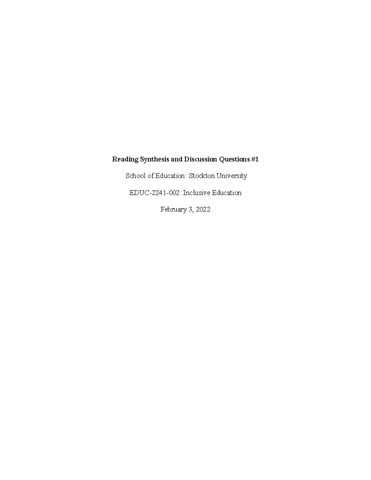 Inclusive education 1 - discussion 1 - Reading Synthesis and Discussion ...