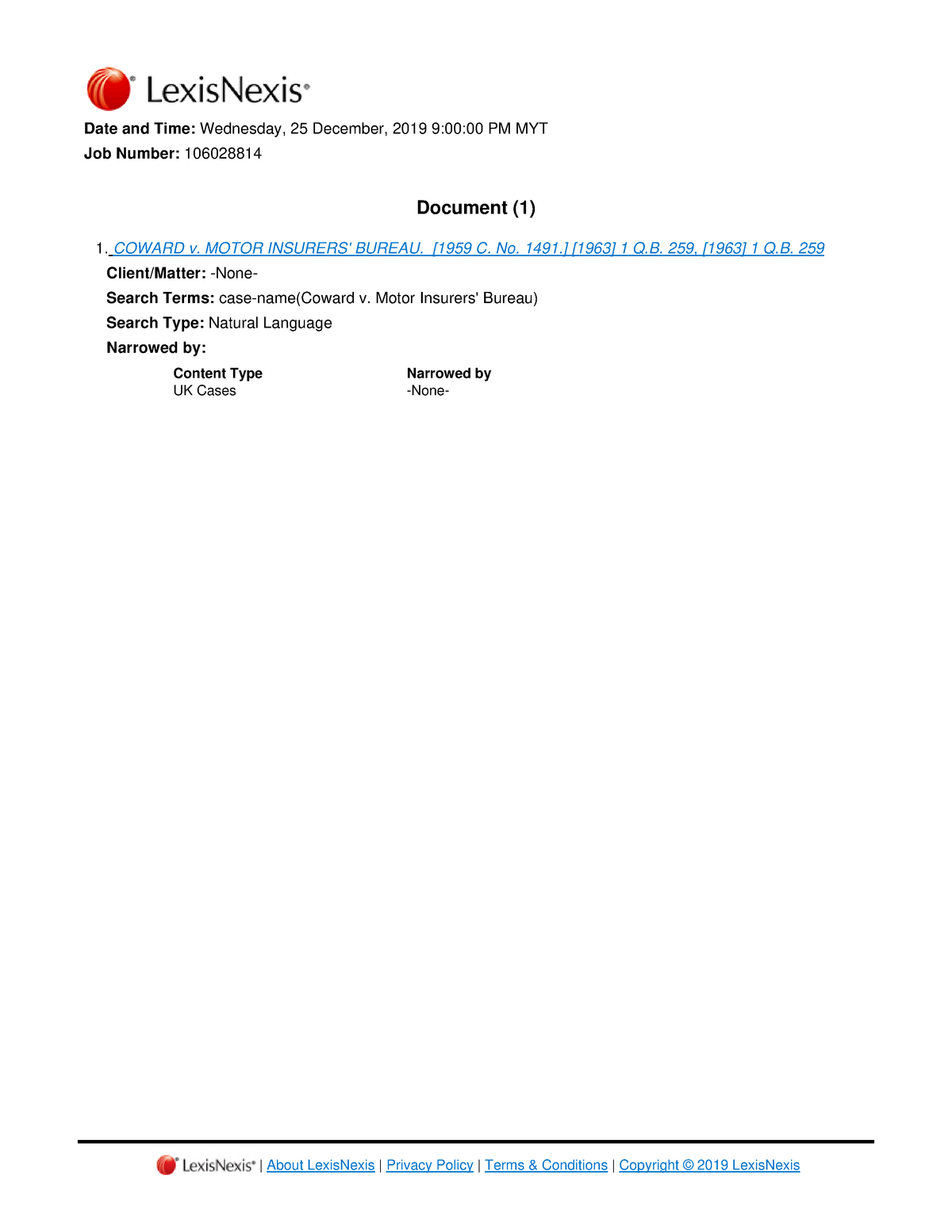 Coward v. Motor Insurers' Bureau. [1959 C. No. 1491 - Law - LAW224