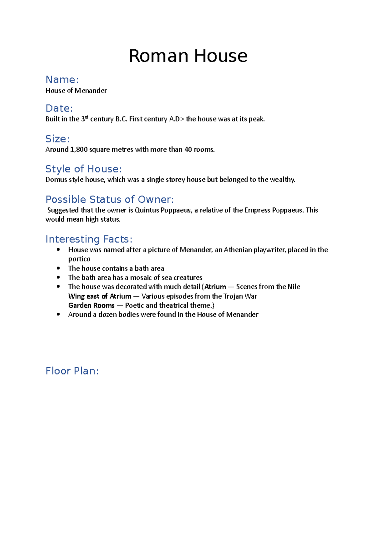 Roman House Fact Sheet notes Roman House Name House of Menander