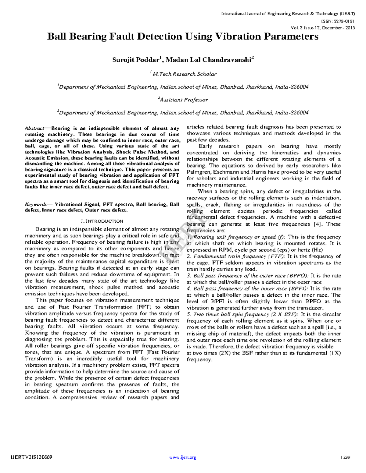 Ball bearing fault detection using vibration parameters Ijertv