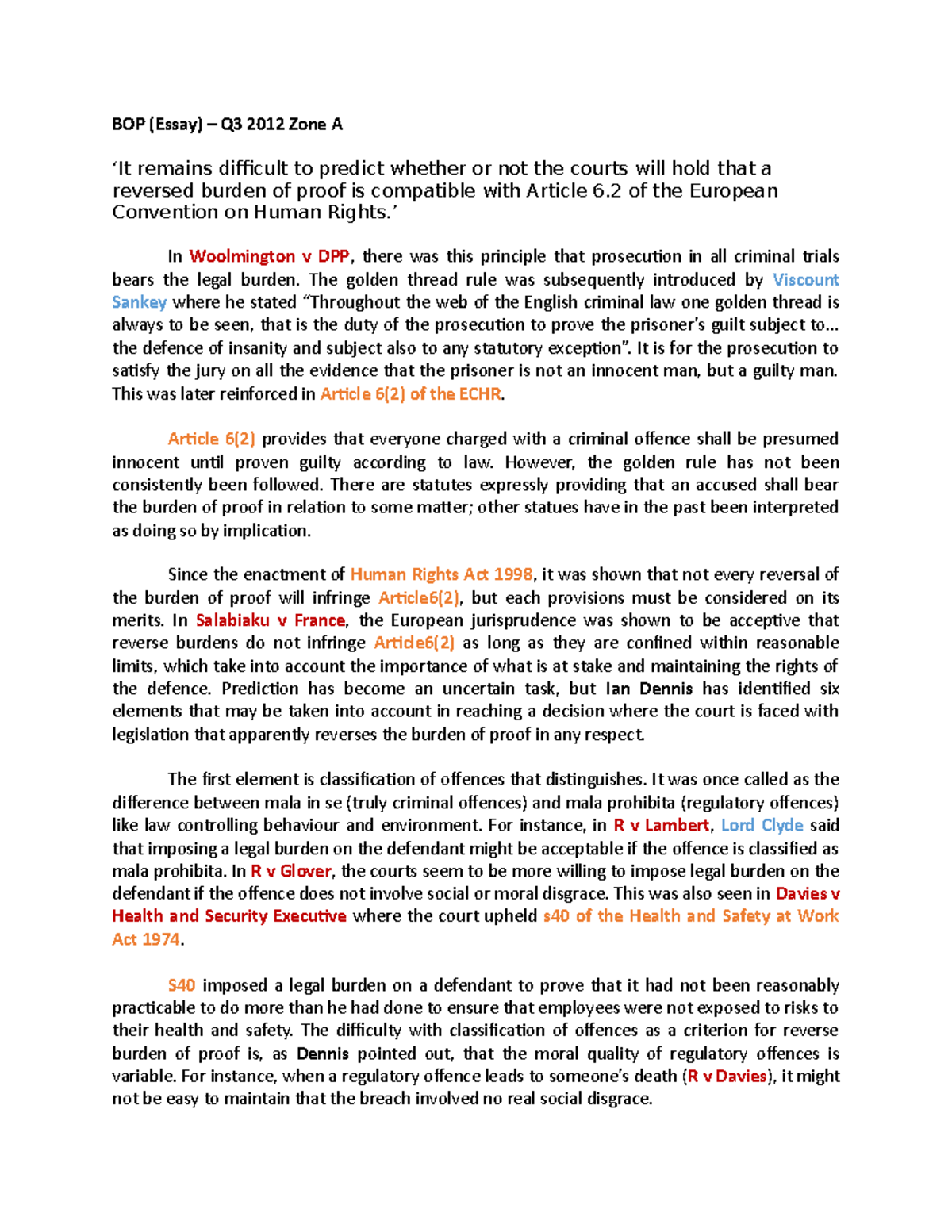 BOP (Essay) ’ In Woolmington v DPP , there was this principle that