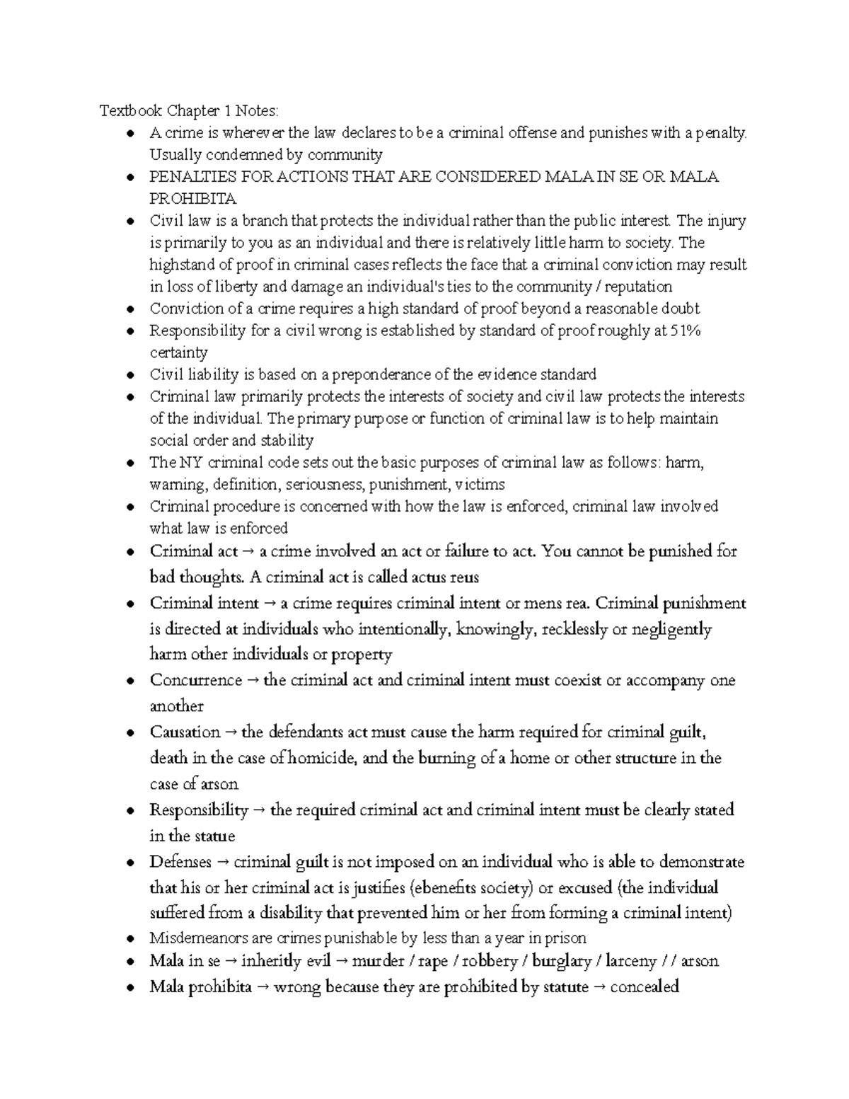 Introduction to Criminal Law - Textbook Chapter 1 Notes: A crime is ...