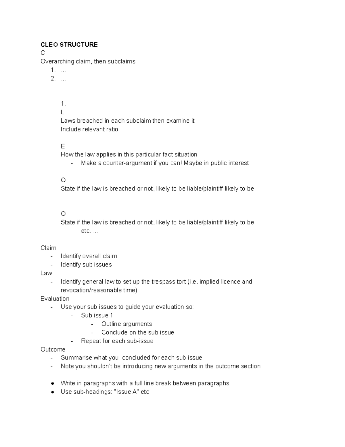 CLEO Structure CLEO STRUCTURE C Overarching claim, then subclaims 1