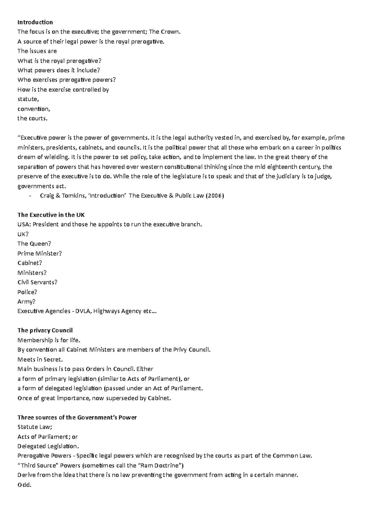 Royal Prerogative - Public law lecture notes semester 1 19/20 ...