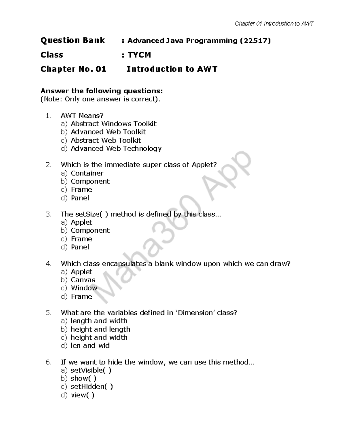 Advance Java MCQ Ch1 - Chapter 01 Introduction To AWT Question Bank ...