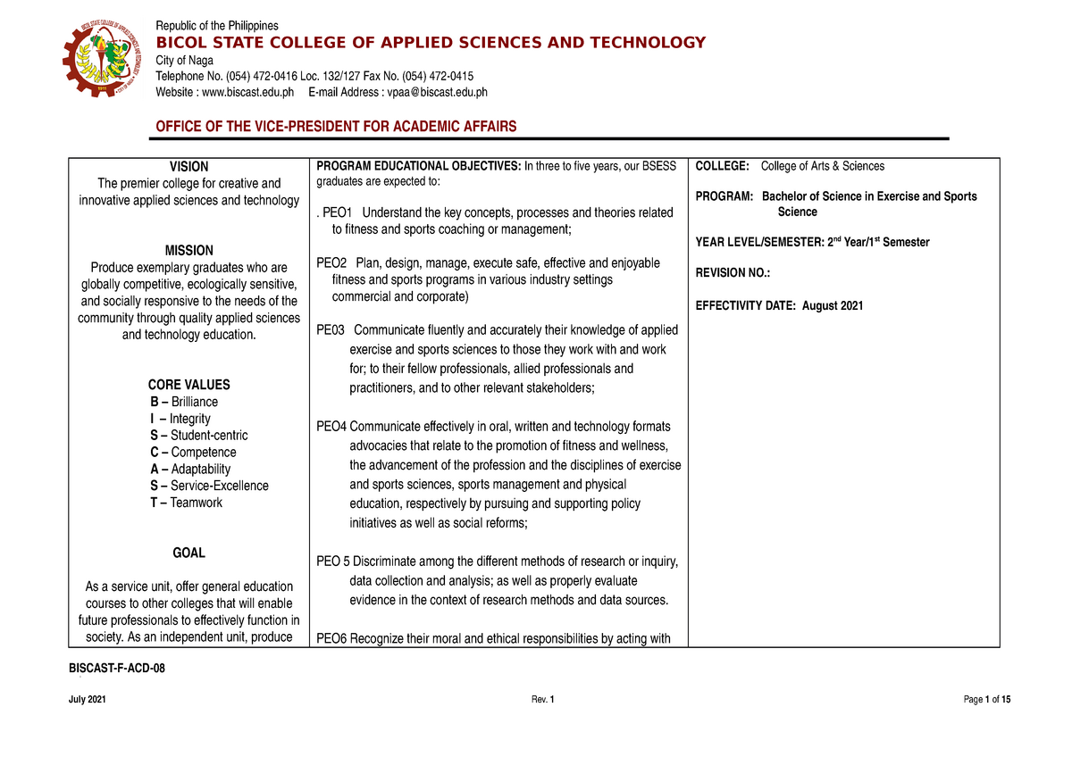 Syllabus Pe 3 New Format Bicol State College Of Applied Sciences And Technology City Of Naga