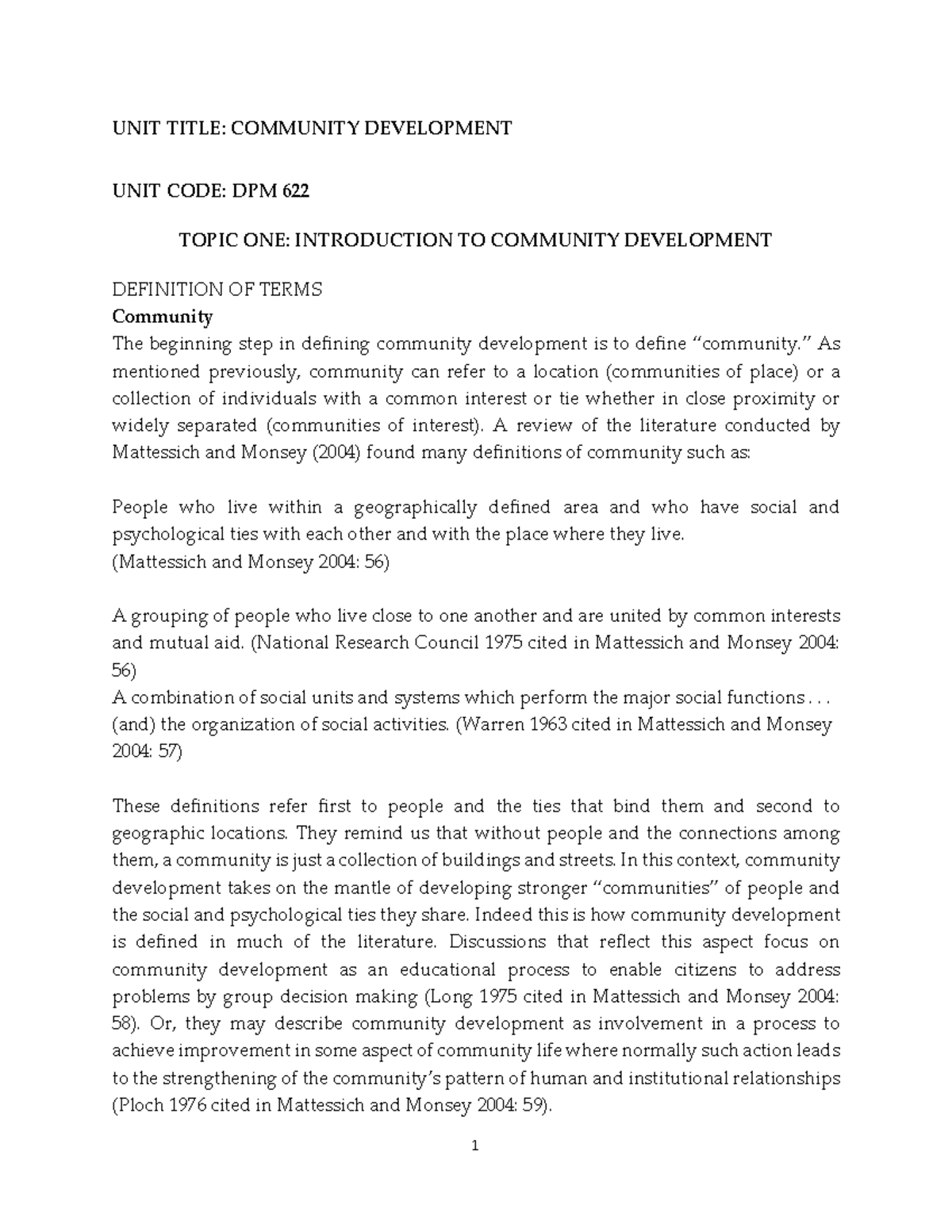 Topic 1 Introduction to Community Development - UNIT TITLE: COMMUNITY ...