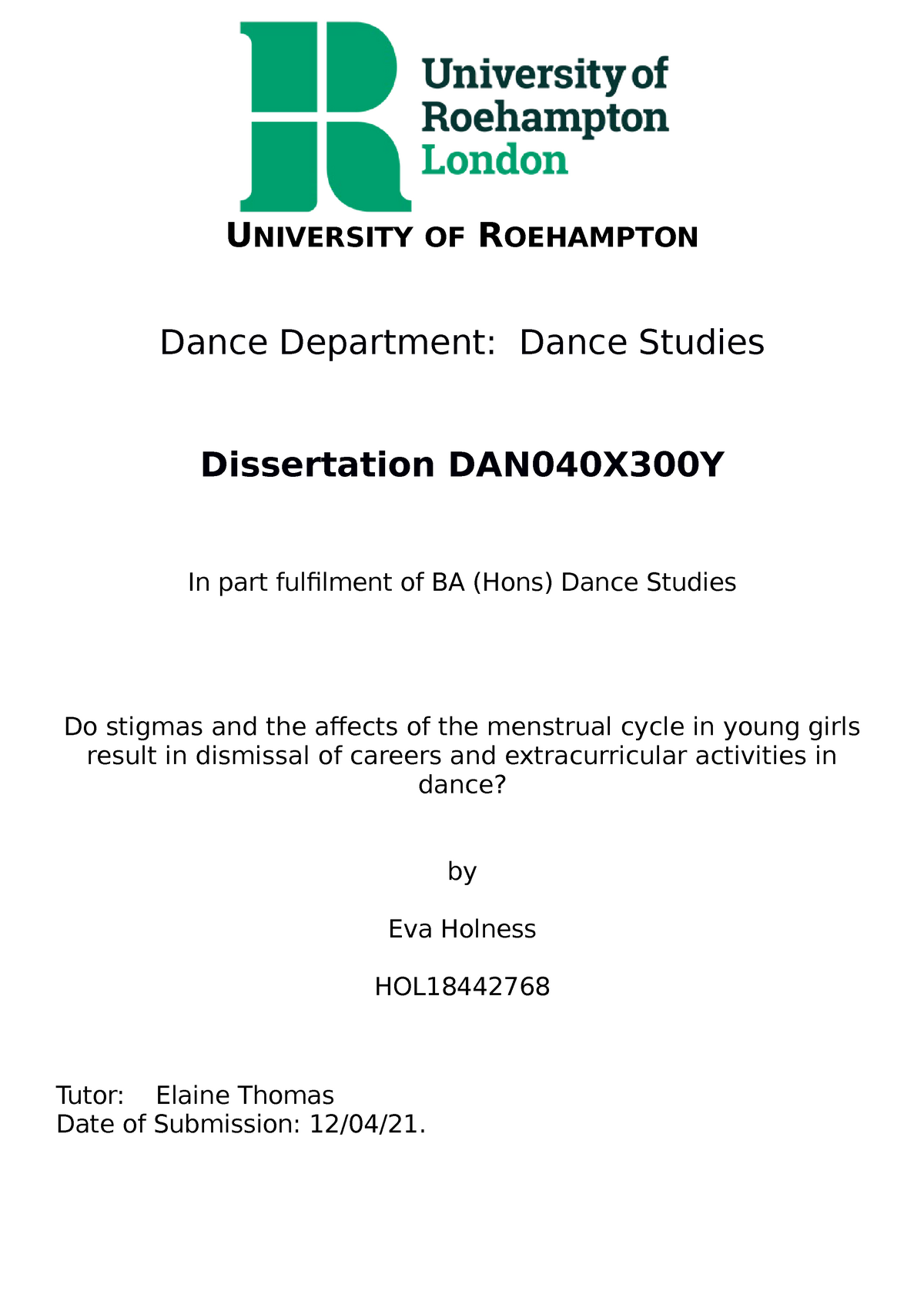 roehampton university dissertation examples