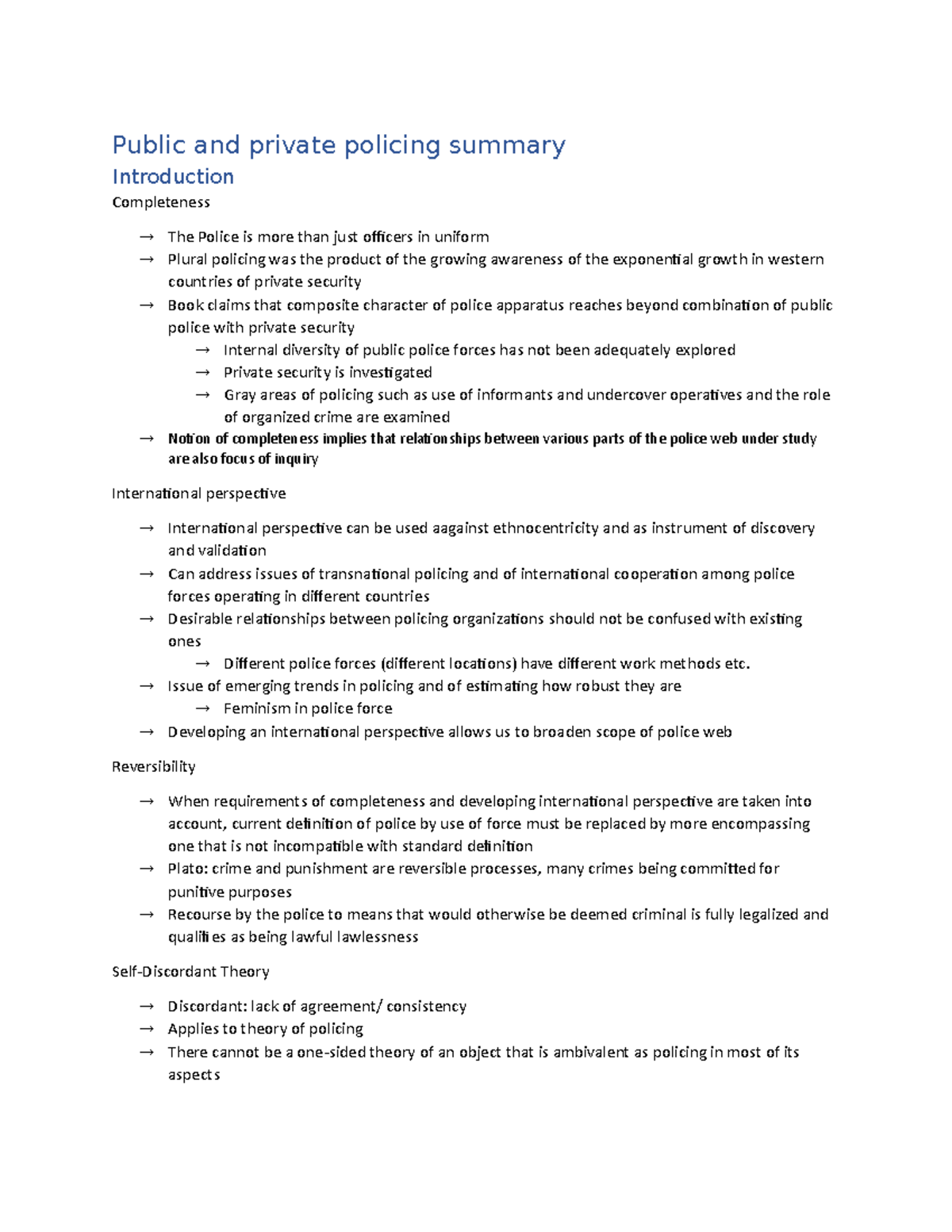 Public and Private policing summary - Public and private policing