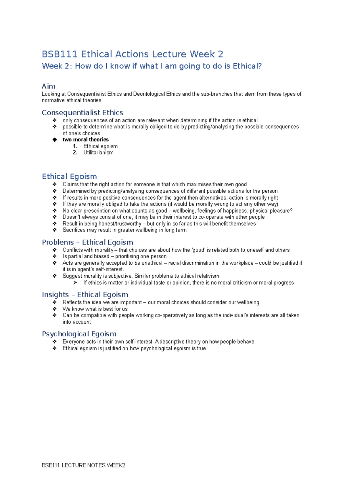 BSB111 Lecture Notes WEEK2 - BSB111 Ethical Actions Lecture Week 2 Week ...