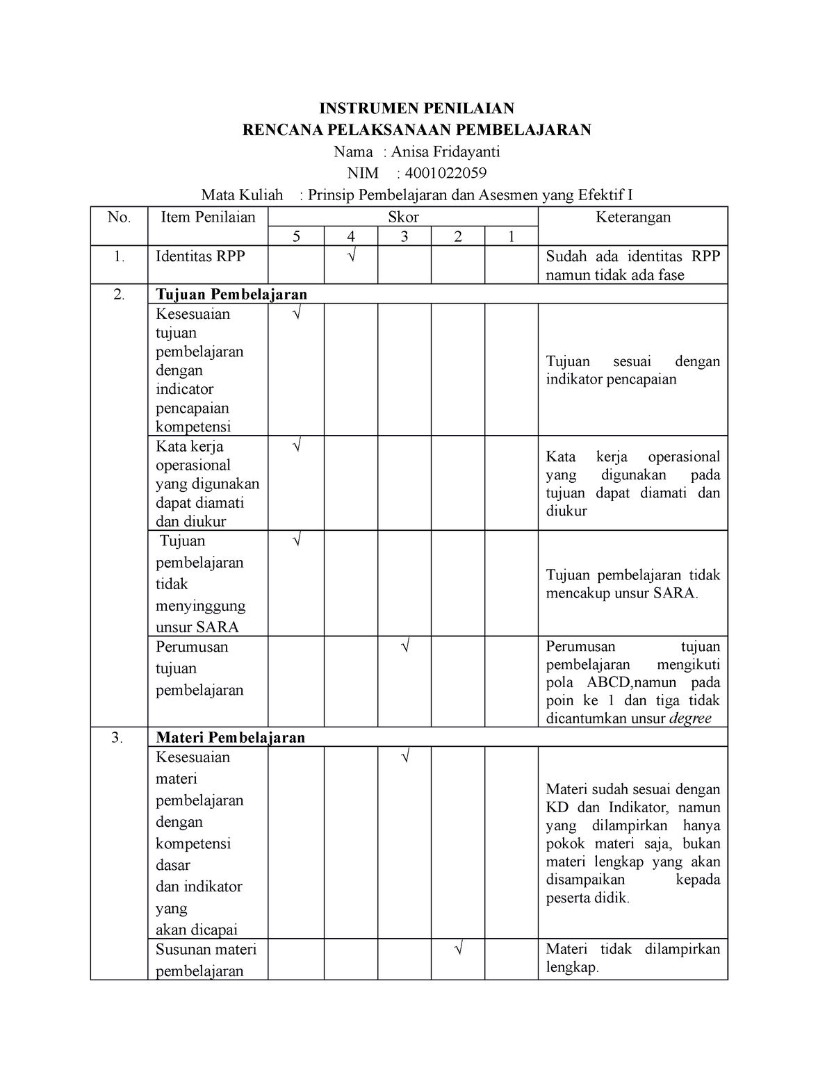 Telaah Rpp Instrumen Penilaian Rencana Pelaksanaan Pembelajaran Nama