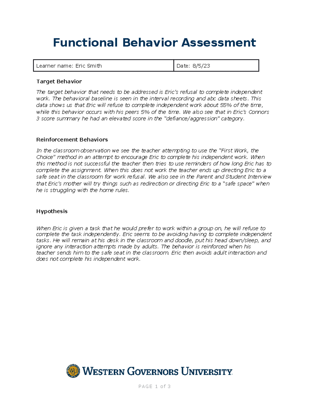 BIP Task - Behavior Plan - Functional Behavior Assessment Learner name ...
