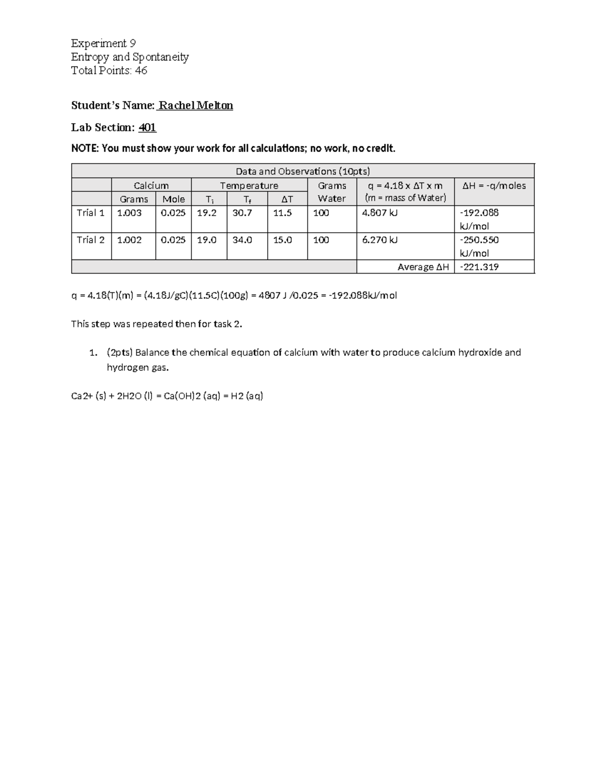 CHEM 110L - Experiment 9 Entropy and Spontaneity Submission - Entropy ...