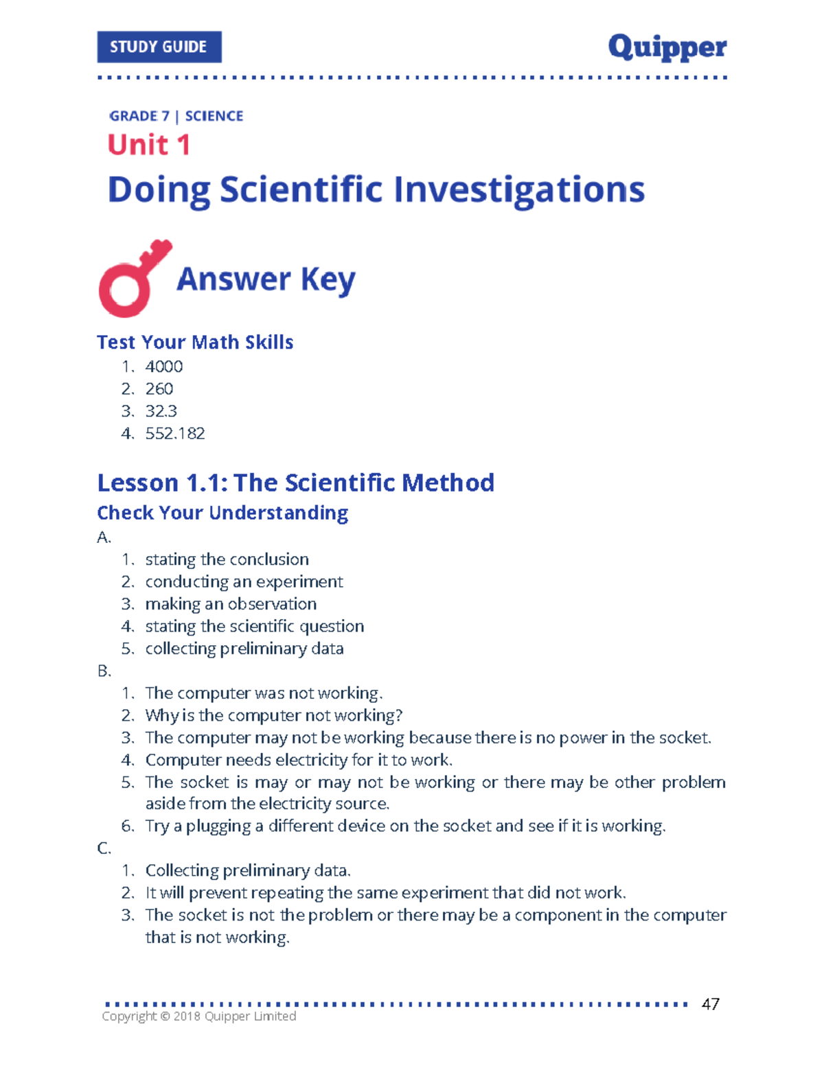 Science 7 Unit 1 Doing Scientific Investigations (Answer Key) - Test ...