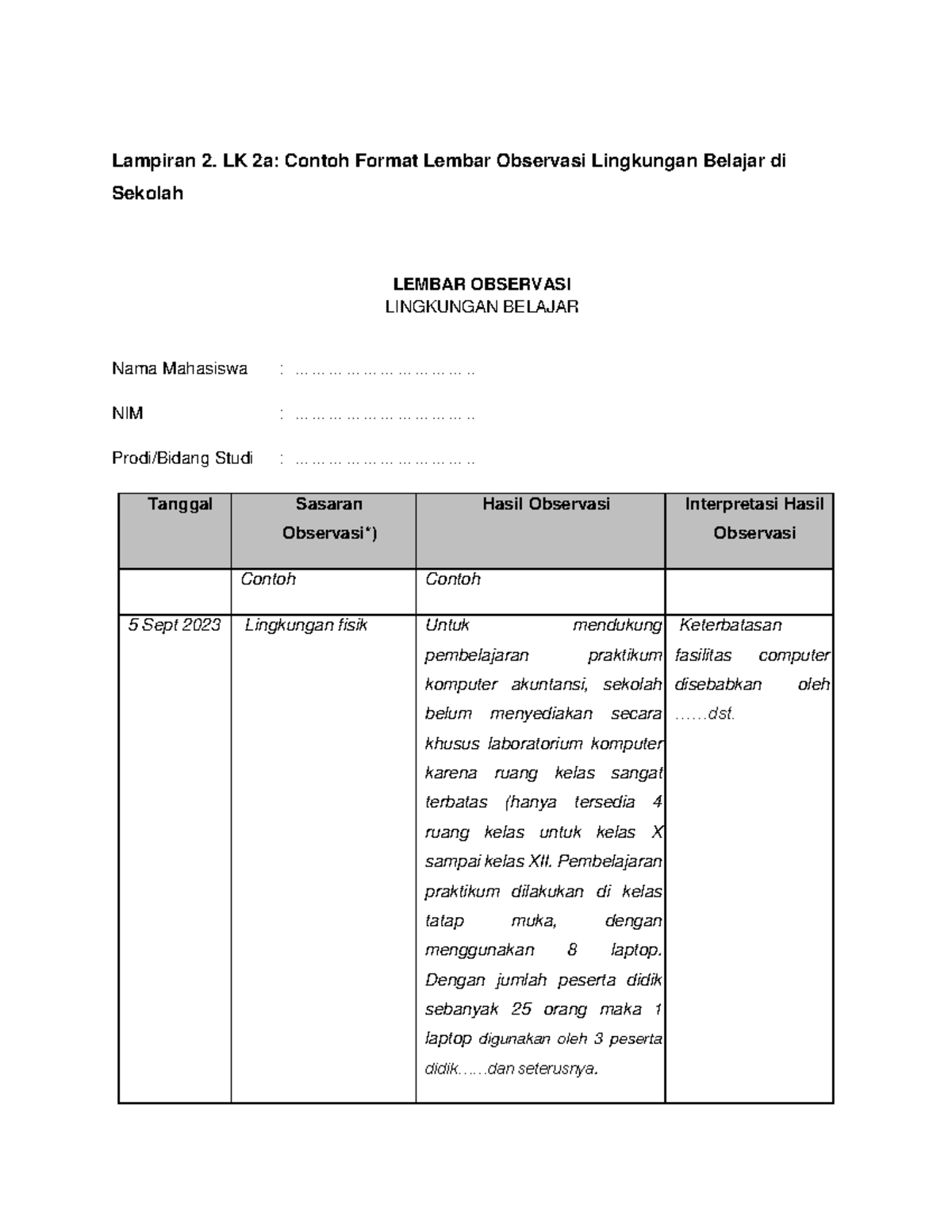 Lampiran 2. LK 2a Contoh Format Lembar Observasi Lingkungan Belajar Di ...