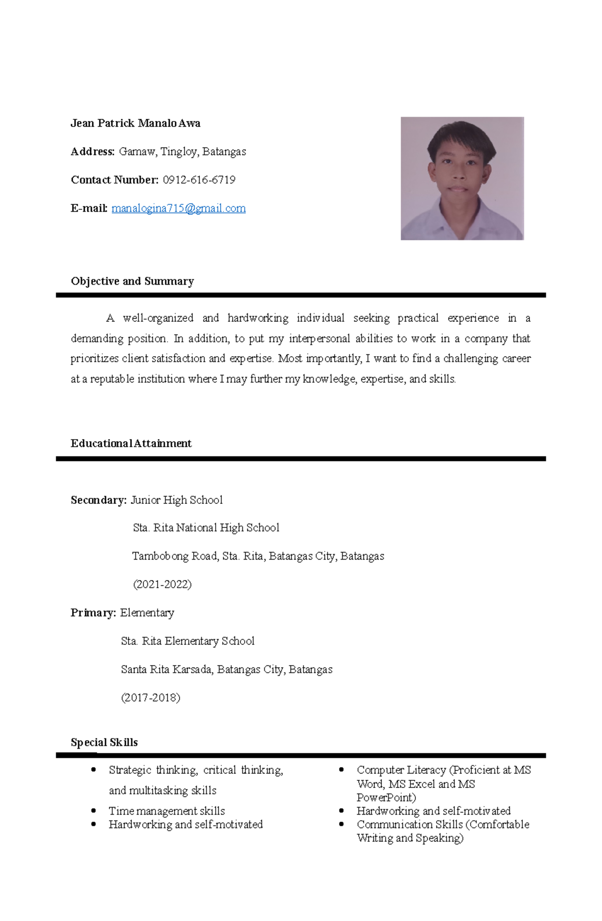 Resume - vdss - Jean Patrick Manalo Awa Address: Gamaw, Tingloy ...