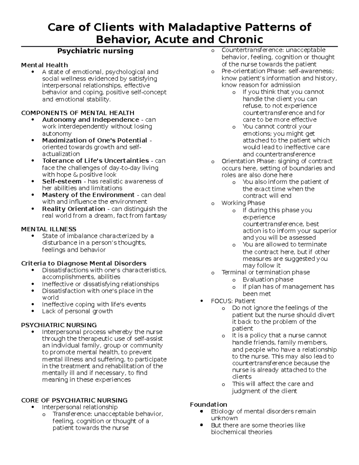 Psychiatric nursing - notes - Care of Clients with Maladaptive Patterns ...