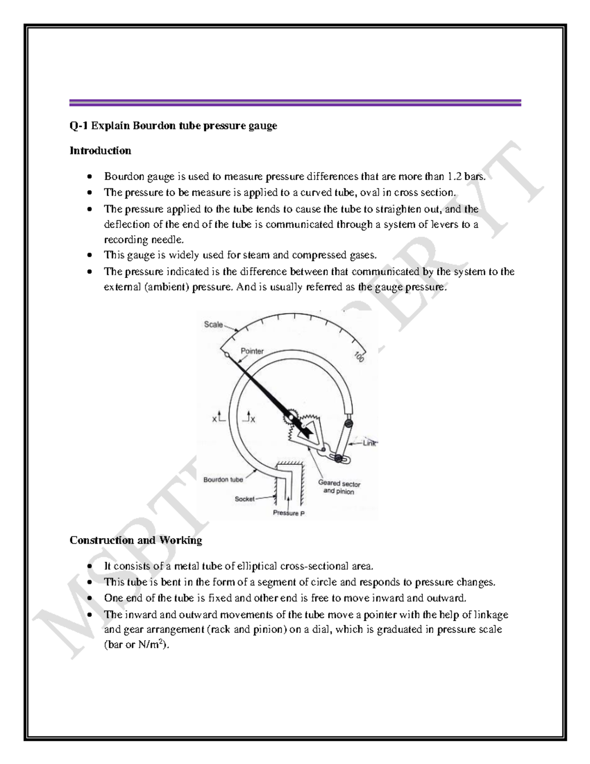Me-4i-22445-fmm notes - Q- 1 Explain Bourdon tube pressure gauge ...