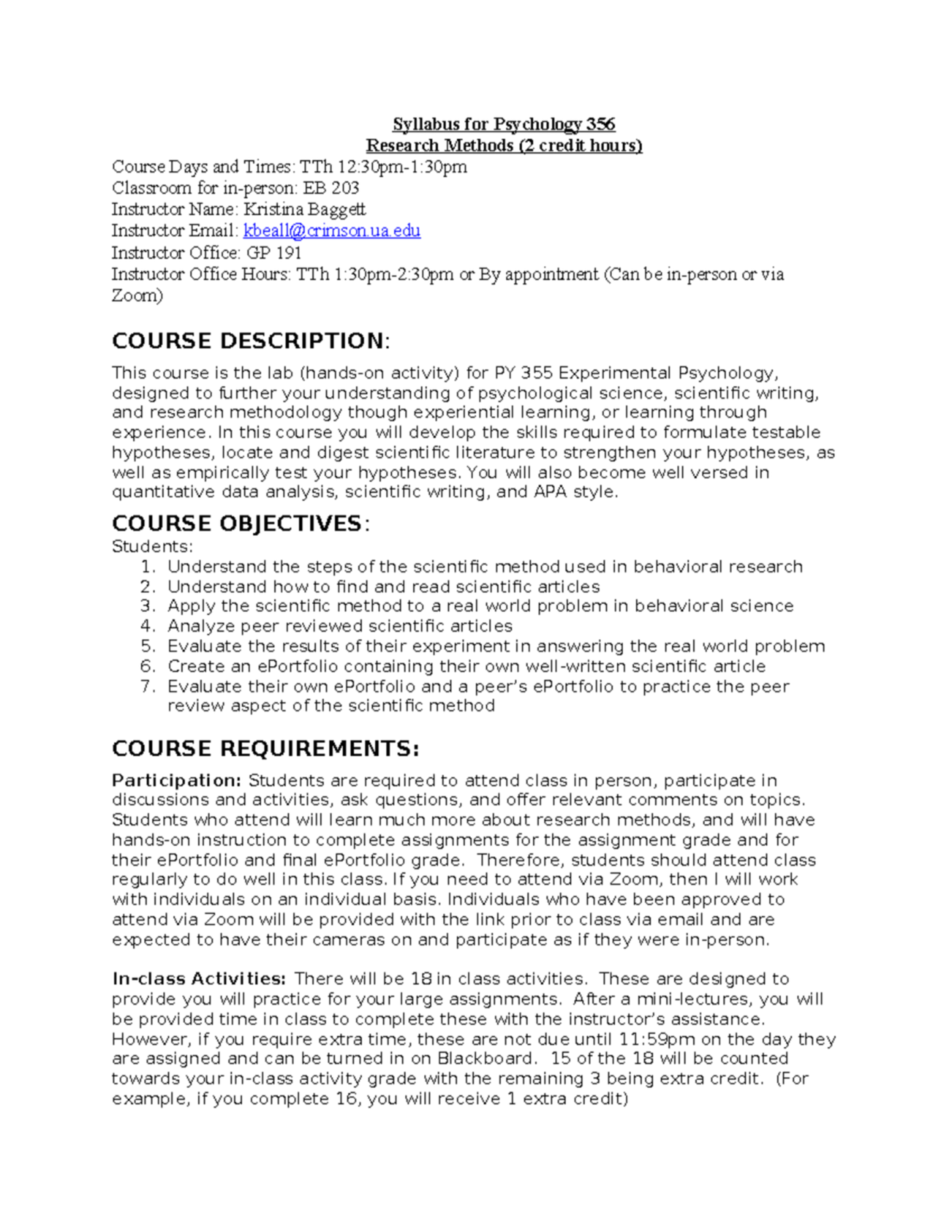 PSY356 - Course outline - Syllabus for Psychology 356 Research Methods ...