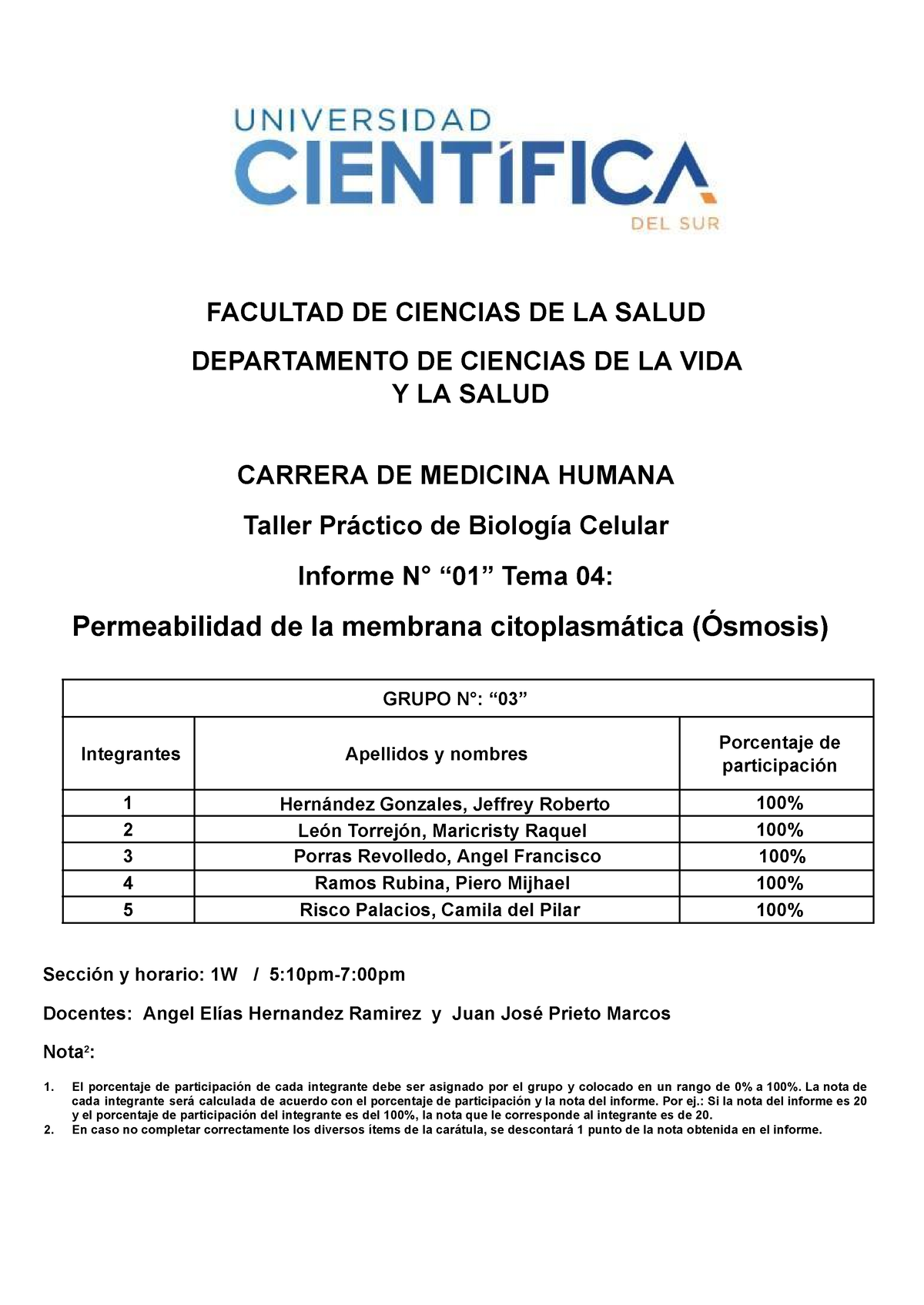 Biología Celular Informe 1 Facultad De Ciencias De La Salud