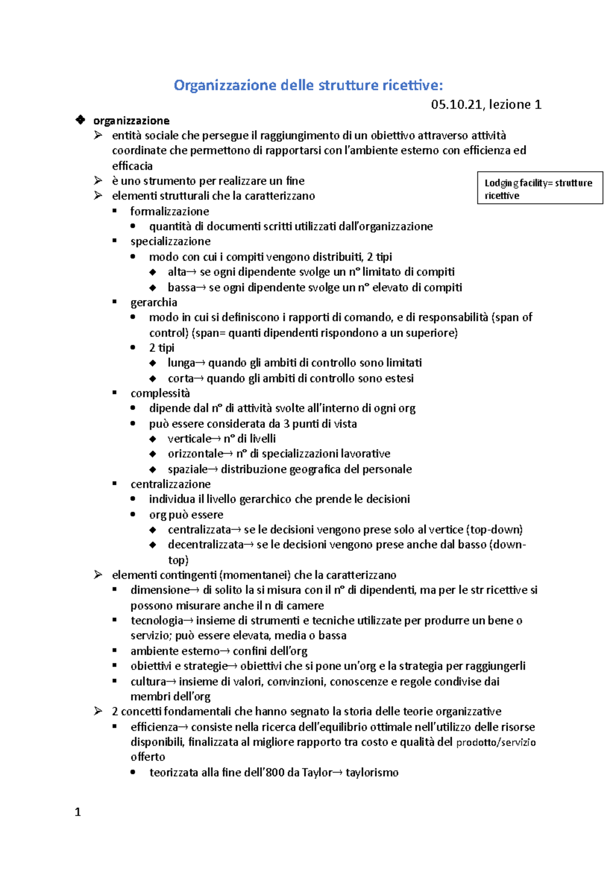 Organizzazione Delle Strutture Ricettive - 10, Lezione 1 Organizzazione ...