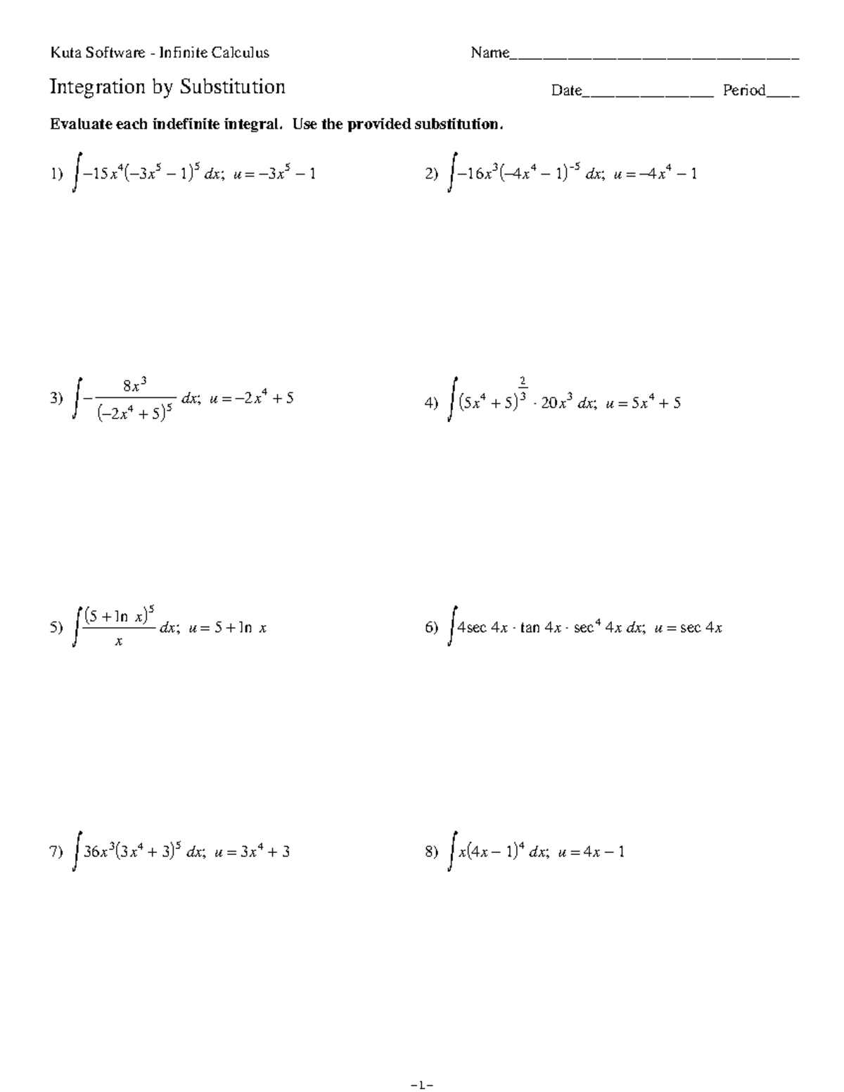 05 - Integration Substitution Power Rule - Kuta Software - Infinite ...