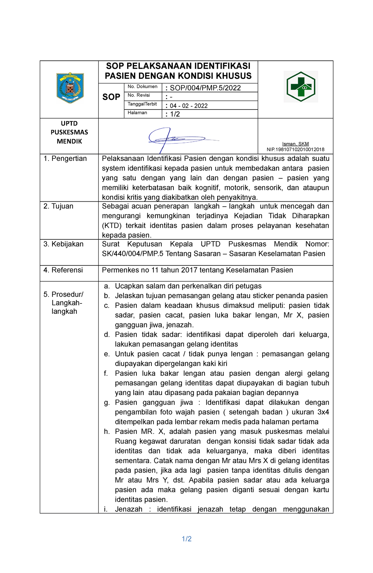 5.3.2.1 B SOP Pelaksanaan Identifikasi Passien Dengan Kondisi Khusus ...