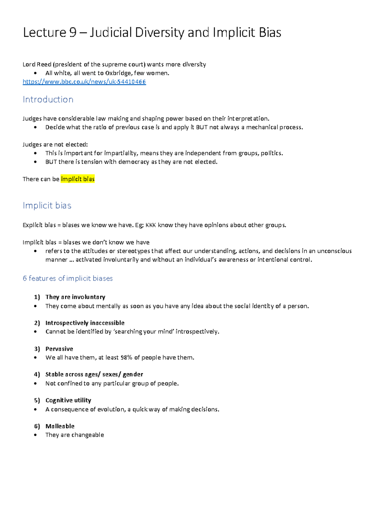 Judicial Diversity and Implicit Bias Lecture 9 notes Lecture 9