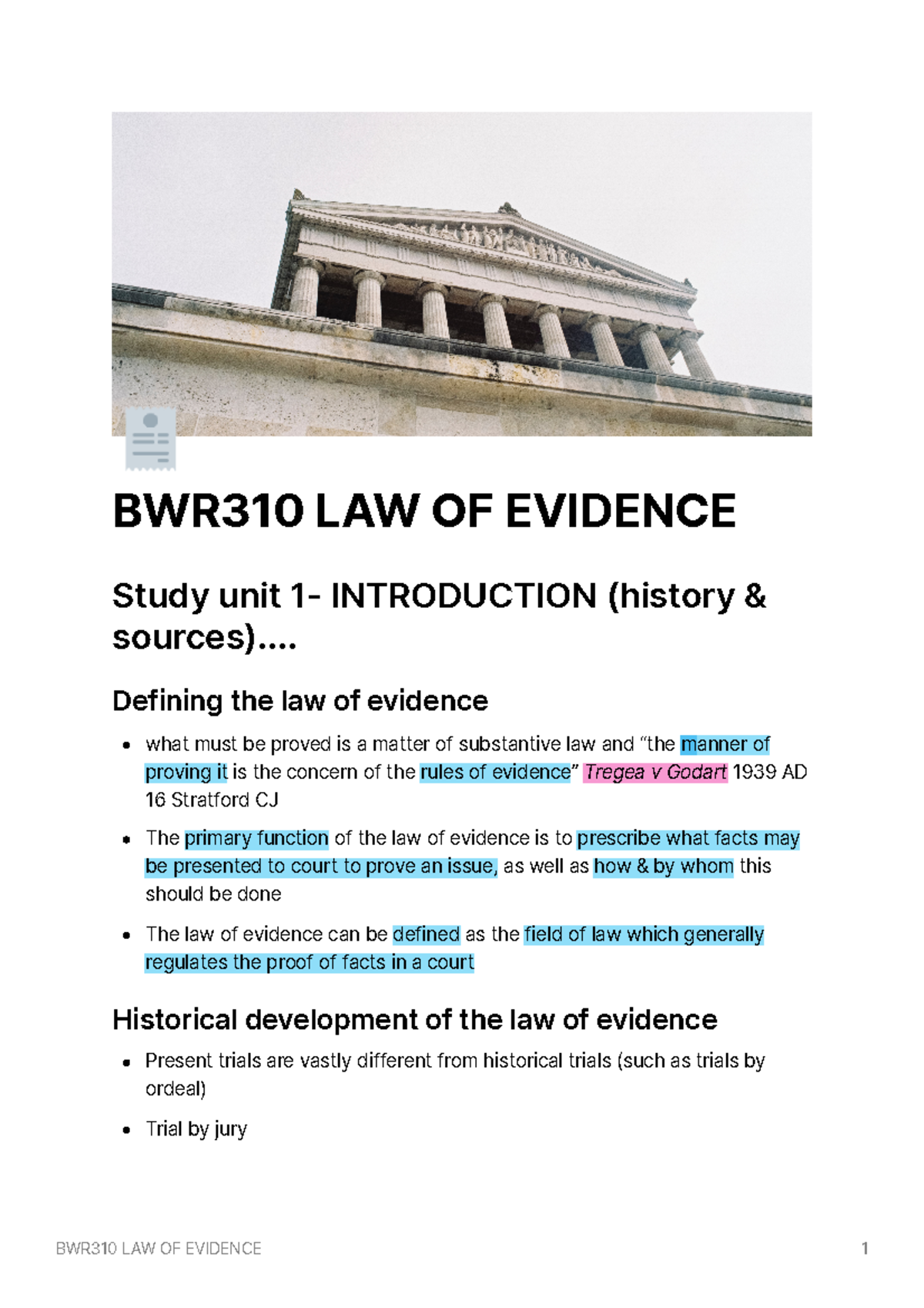 BWR themes 1-4 notes thomas - ë BWR310 LAW OF EVIDENCE Study unit 1 ...