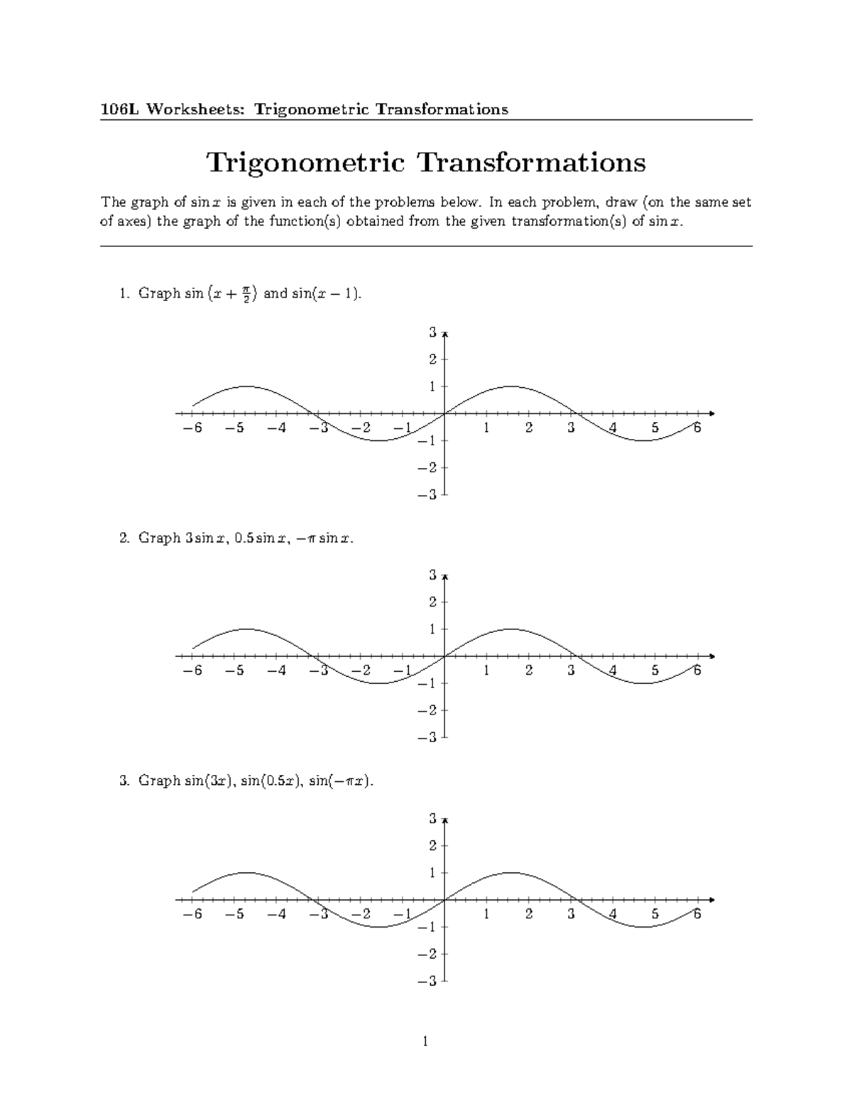 Trig Function Transformations Worksheet