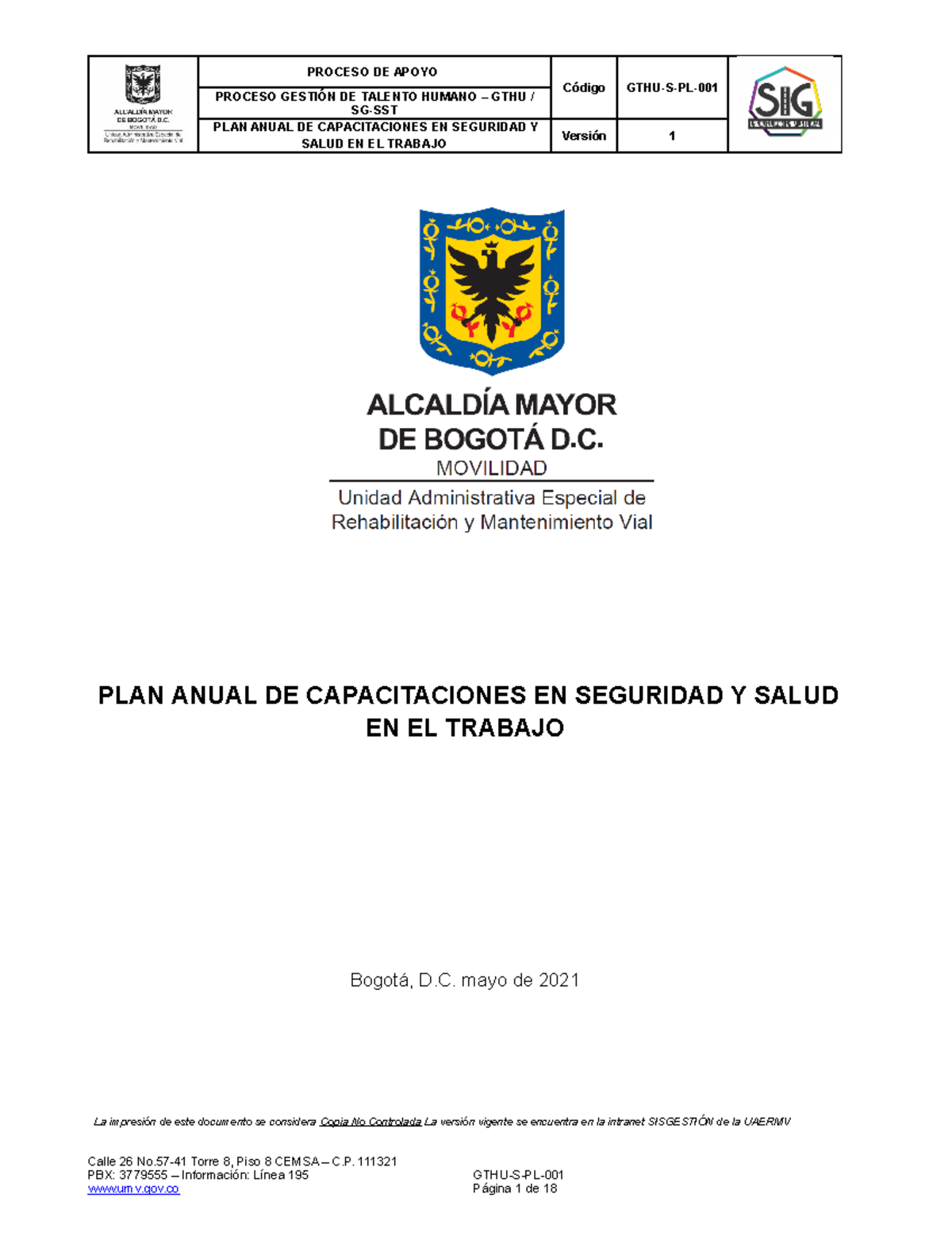 GTHU-S-PL-001 V1 Plan Anual de Capacitaciones en SST - PROCESO DE APOYO ...